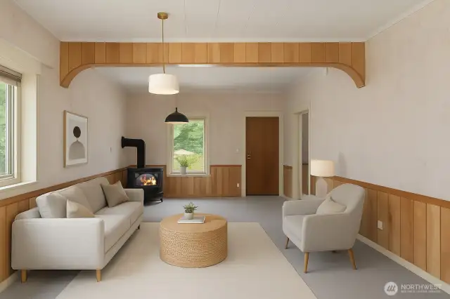 Large living room / dining room that's light and bright & opens to the kitchen.    This image has been virtually staged to show the potential of the space.