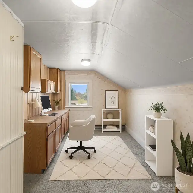 Bonus room—perfect for a home office, playroom, art studio, or guest space.    This image has been virtually staged to show the potential of the space.