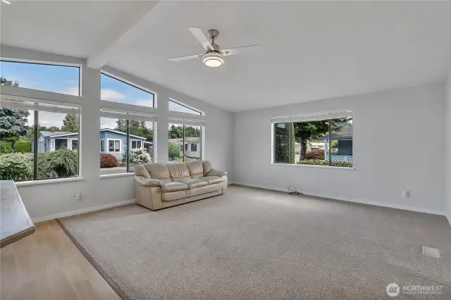 Vaulted ceilings and natural light in family room.