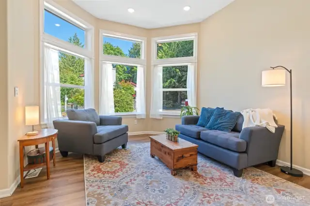 Main level living room, extra tall ceilings make it so bright & airy!