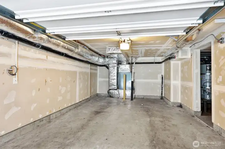 Spacious garage with storage nook