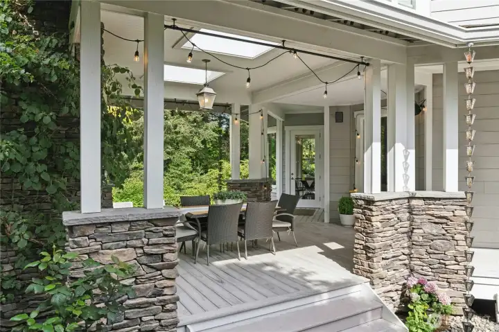 Trex no maintenance decking encompasses the entire outdoor covered porch. Trex no maintenance decking encompasses the entire outdoor covered porch.