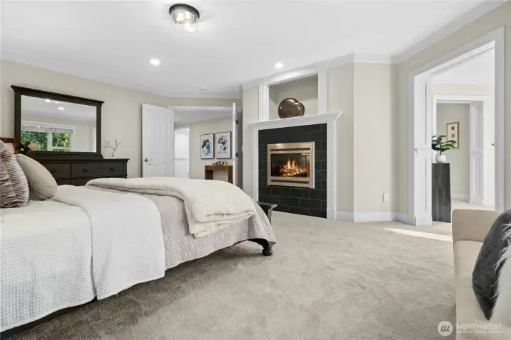 Primary bedroom with third fireplace connects to a spa inspired sitting room. Primary bedroom with third fireplace connects to a spa inspired sitting room.