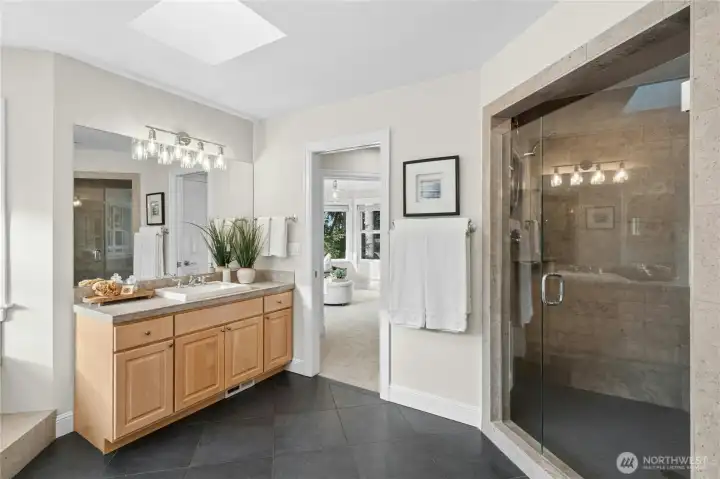 Dual shower heads and seating in the luxurious shower Dual shower heads and seating in the luxurious shower