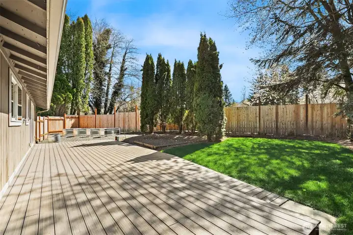 Entertainment-sized deck with amazing fenced yard.