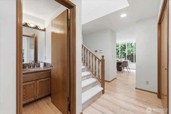 The solid oak flooring was just refinished with a beautiful clear coat.  The beautiful floors combine with the oversized skylight to create a light and bright space.  What a sensational first impression!