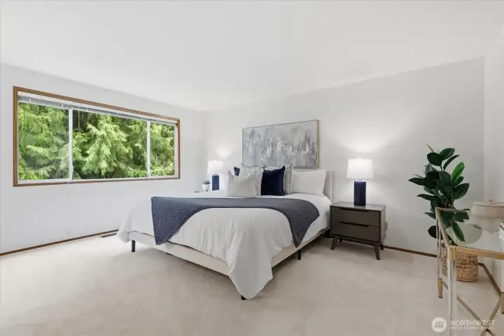 Move upstairs to the amply-sized primary suite.  Plenty of room here for all of your furniture and yet another beautiful and private outlook.