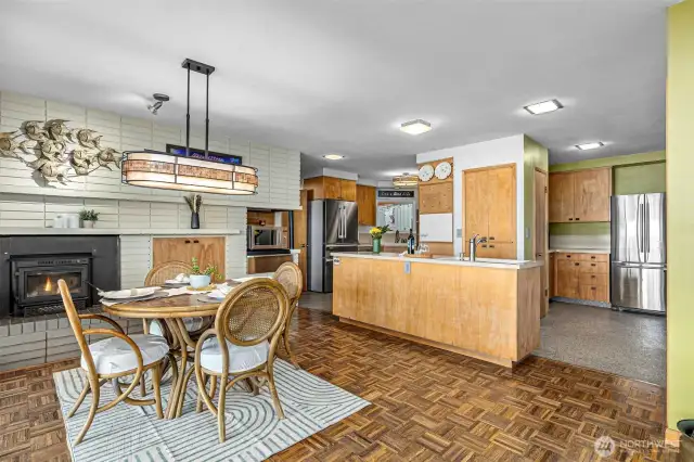 Wood burning fireplace, original walnut floors