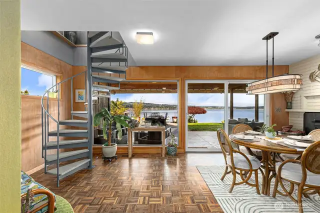 Spiral staircase leads to Rec room