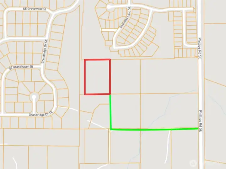Approximate easement location in green. Approximate boundaries in red.