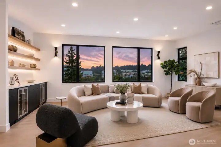 Living room with City Views and Wet Bar