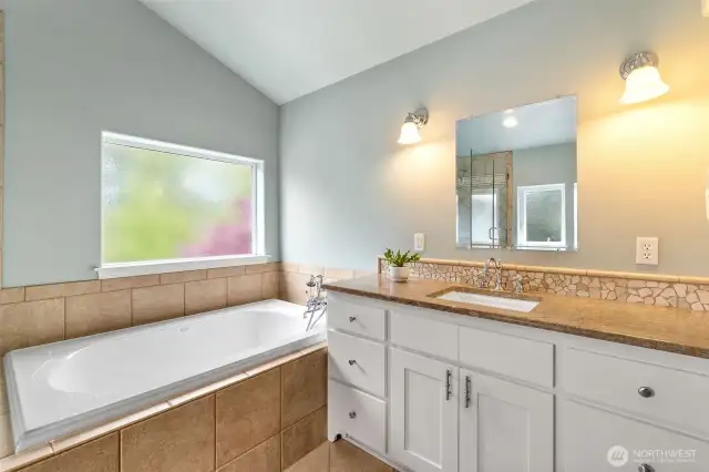Jerusalem limestone vanity in primary bath, adding to the quality finishes all around!