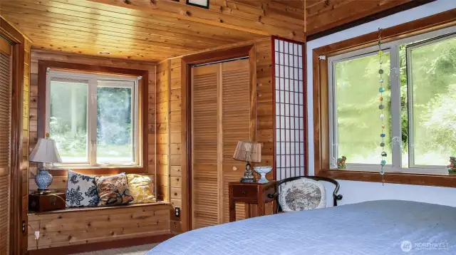 Guest Room looking south across window box cubby - twin deep closets on each side
