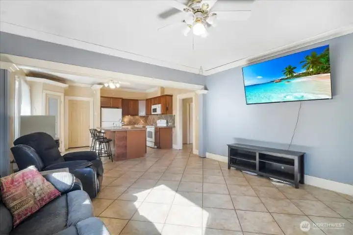 View of the kitchen and hallway from the Livingroom.