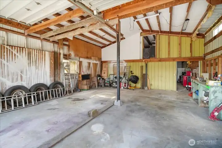 Front side of the huge shop. Fits at least two cars, has storage above and room for hobbies and toys.