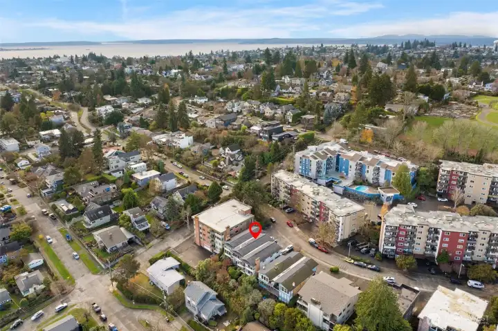 Aerial perspective showcasing the vibrant surroundings and lifestyle that come with this location.