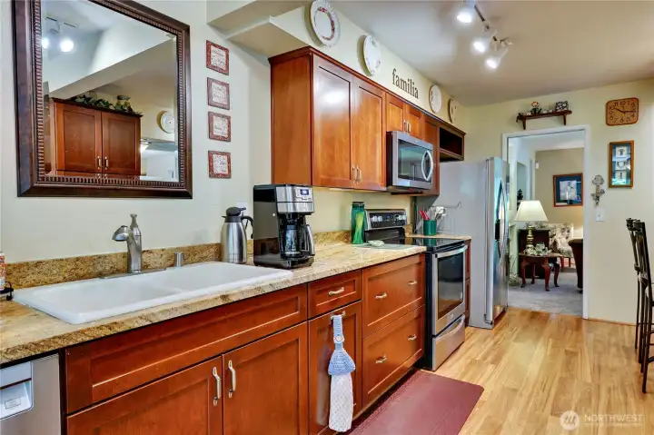 Another view of the updated kitchen. Note the extensive storage space.