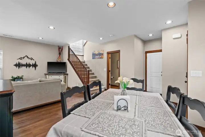 Spacious living, dining, kitchen spaces