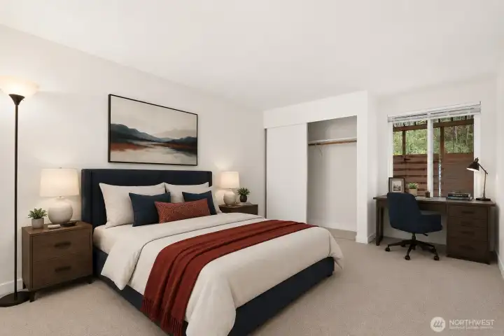 Virtually staged bedroom with great space for desk! Double closets (other one is on the opposite wall. Virtually staged bedroom with great space for desk! Double closets (other one is on the opposite wall.