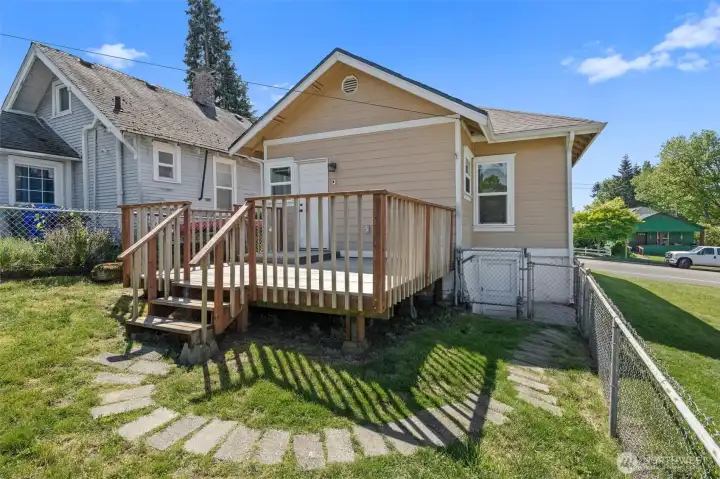 Big deck in the back with a fully fenced portion perfect for pets.