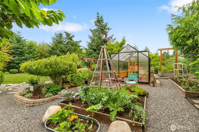 Raised garden beds + spacious greenhouse.