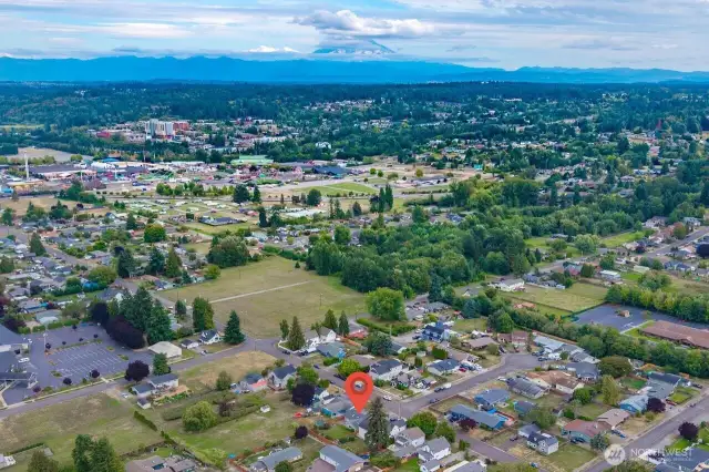 Aerial view, the green building in the background is the fair, and the tall building behind that is Good Samaritan Hospital.
