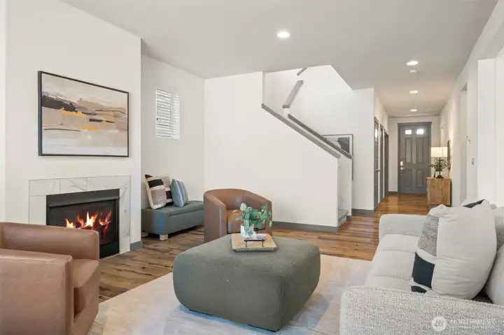 Bright and spacious great room with gas fireplace