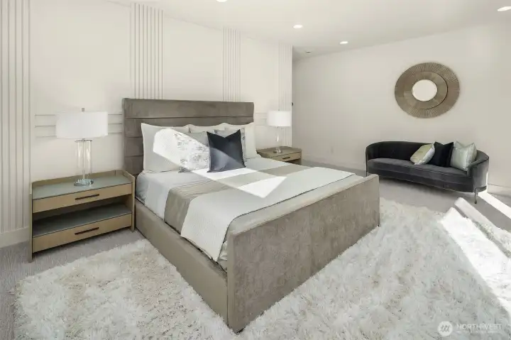Designer primary suite with five-piece bath & heated floors