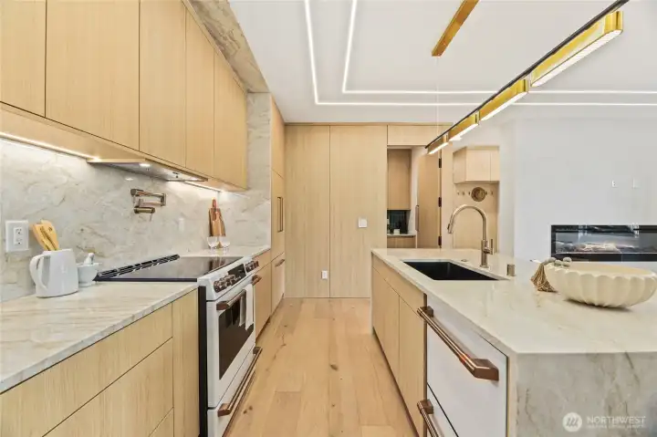 Detail view of the gourmet kitchen showcasing the expansive island and premium integrated appliances.