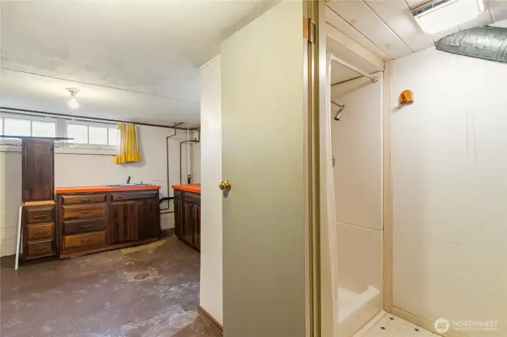 Closer view of the shower in the bathroom.