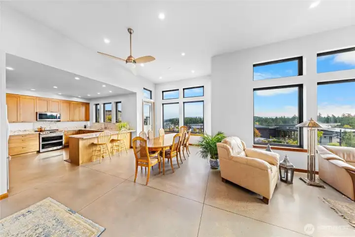 Large kitchen, dining and living room spaces all enjoy lots of light from the abundent windows.