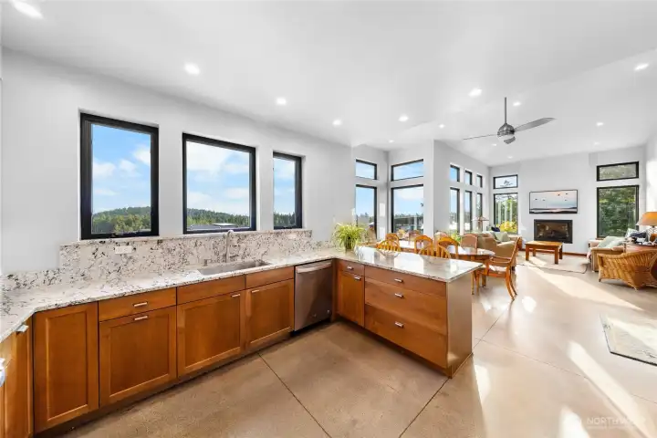 View from the kitchen back towards the living and dining spaces.