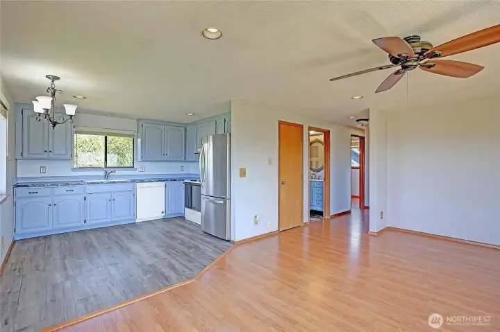 View from the living room leading into the hallway and bedrooms
