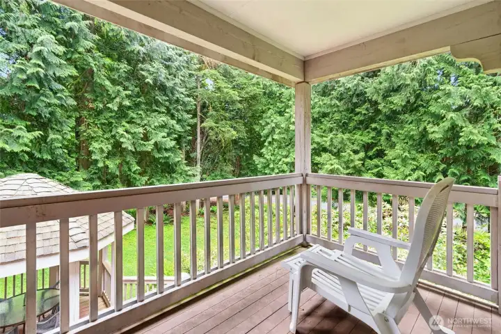 Balcony off of the primary suite overlooking the back yard area and deck/gazebo below. Balcony off of the primary suite overlooking the back yard area and deck/gazebo below.