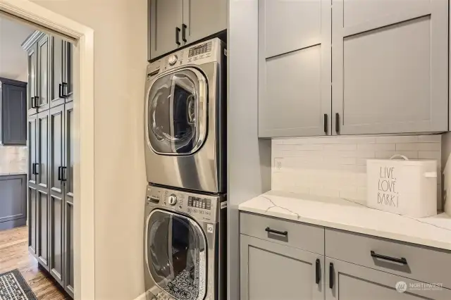 The laundry room was remodeled in 2021 with full-sized stacked washer and dryer, extra cabinetry and quartz countertops.