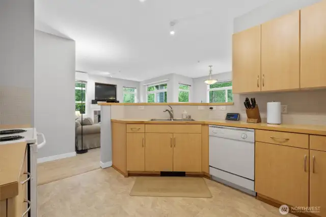 The kitchen features a new stainless steel sink and hardware.