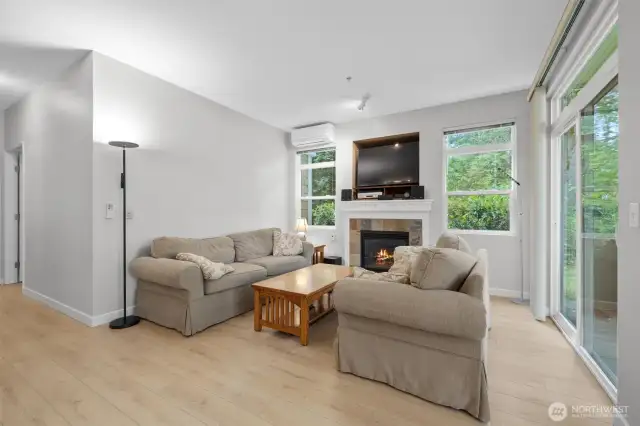 A fireplace in the living room invites relaxation.