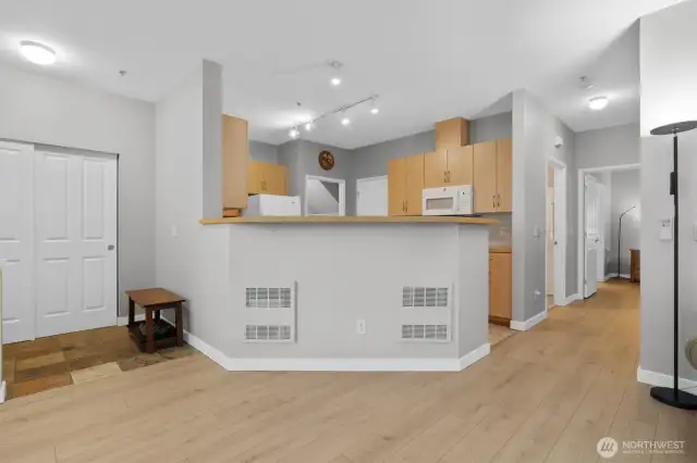 An eating bar in the kitchen is perfect for quick grab and go meals.