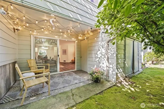 Private covered patio with large storage.