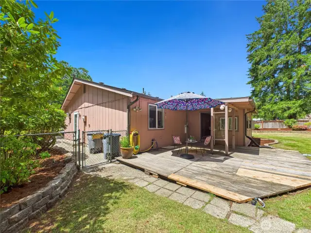 The large wood deck has room for many guests.