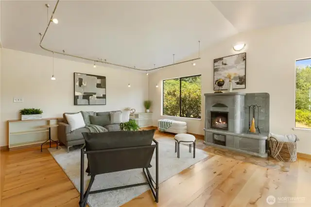 Living room with masonry wood fire place