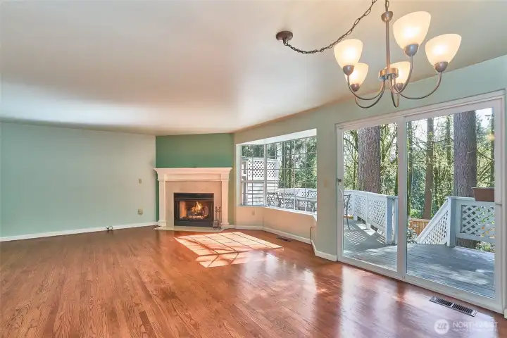 The bay window and sliding glass door brings in more natural light.