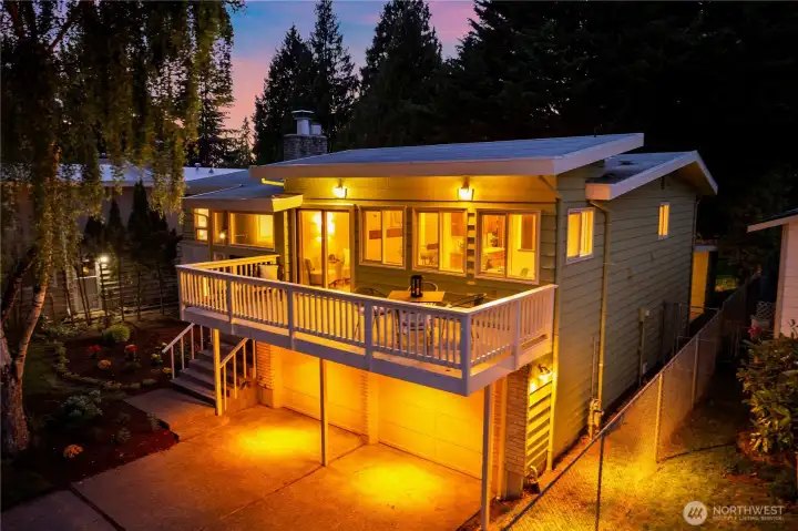 Front of house at dusk.