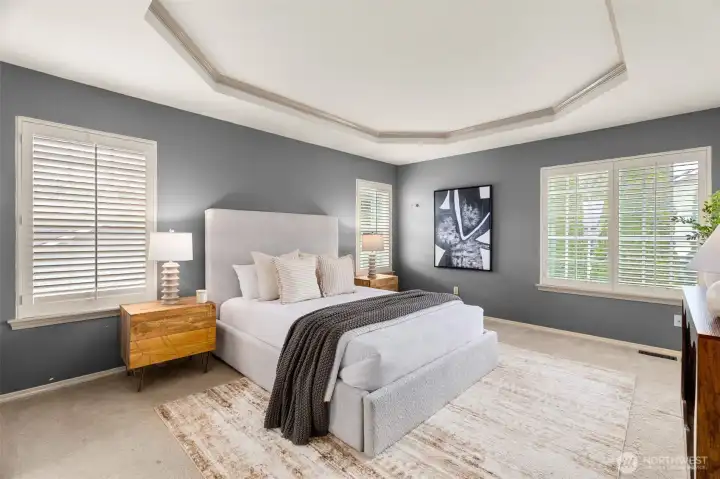 Primary bedroom with tray ceilings.