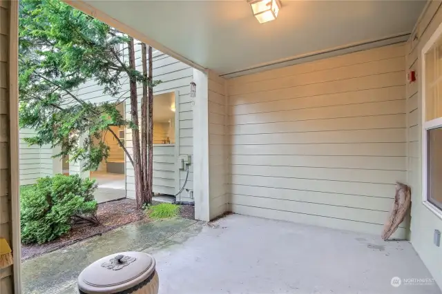 Covered patio is accessed off of living space and opens to community patio.