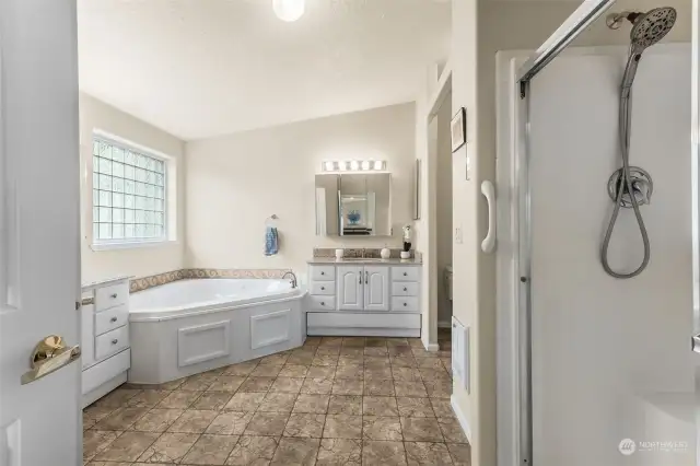 Luscious primary bathroom suite with jetted tub plus a walk in shower