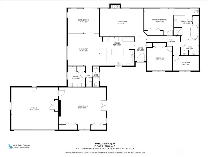 Main home floor plan with open living, dining, and kitchen layout