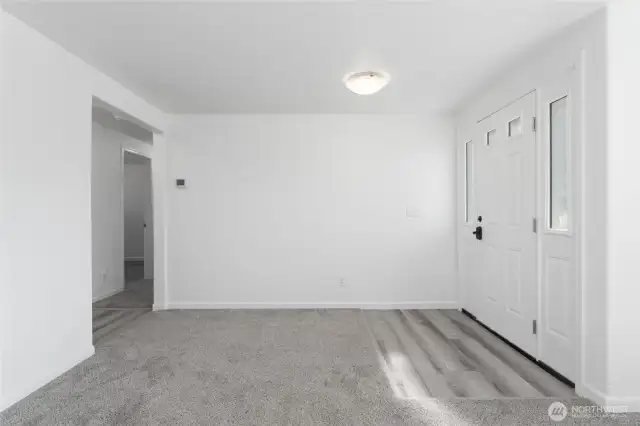 Elegant living space featuring soft new carpet, custom lighting, and a crisp modern palette