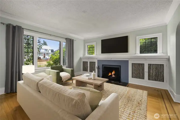 Large east-facing windows flood living room with light