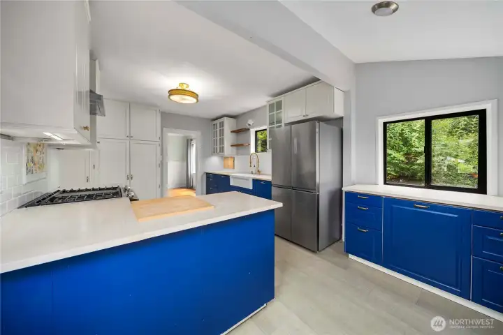 The kitchen is lit by 2 south-facing windows and multiple ceiling lights